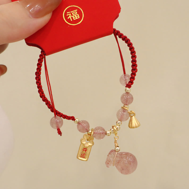 Fortune Jewel Natural Strawberry Quartz Money Bag Lotus Healing Charm Red String Braided Bracelet