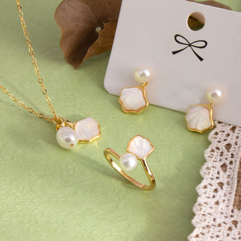 Fortune Jewel Ginkgo Tridacna Stone Pearl Bead Copper Blessing Necklace Pendant Ring Earrings Set