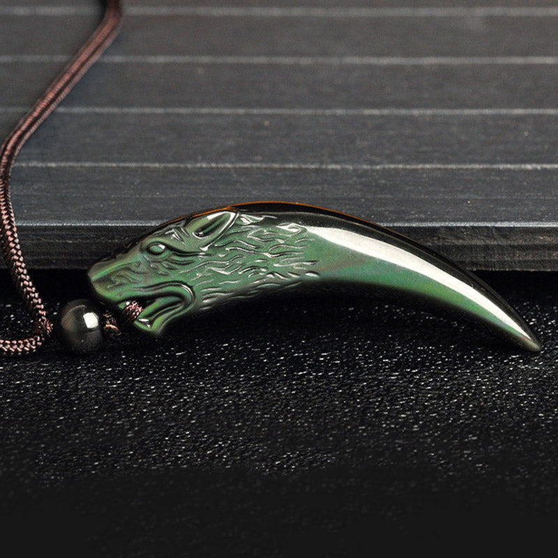 Fortune Jewel Natural Black Obsidian Ice Obsidian Rainbow Obsidian Wolf Tooth Pattern Strength Necklace Pendant