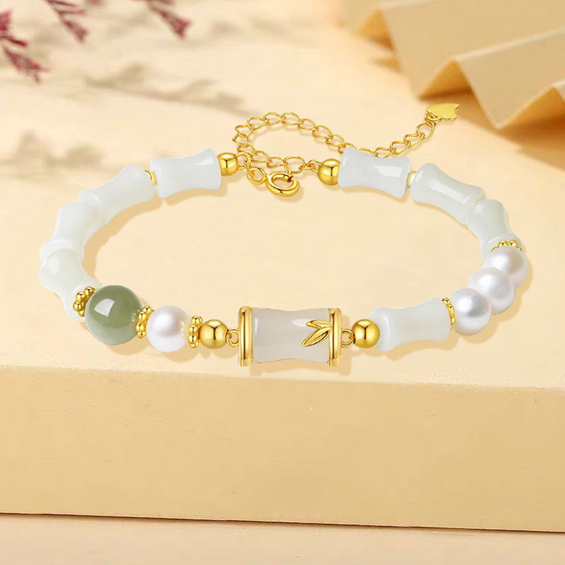 Fortune Jewel 925 Sterling Silver Natural Hetian White Jade Bamboo Luck Blessing Bracelet