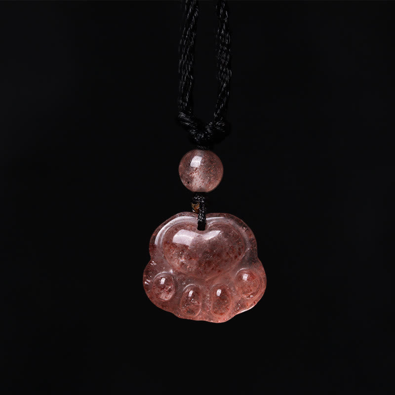 Fortune Jewel Strawberry Quartz Lovely Cat Paw Claw Healing Necklace Pendant