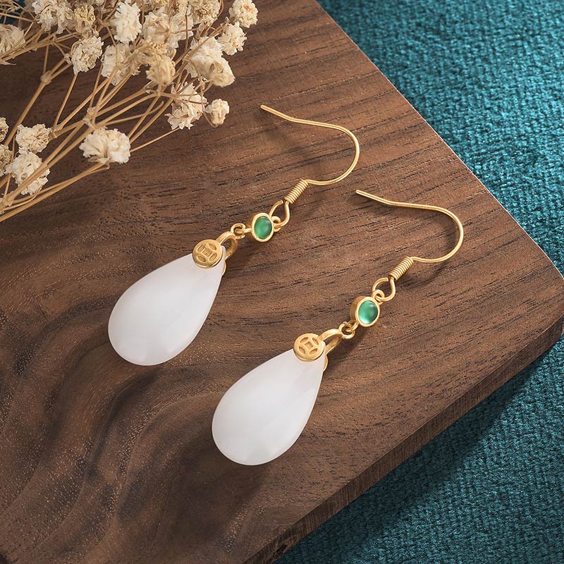 Fortune Jewel FengShui White Jade Luck Drop Earrings