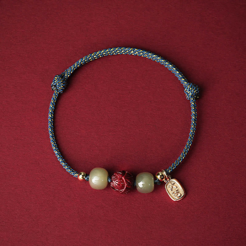 Fortune Jewel 14K Gold Plated Hetian Jade Cinnabar Lotus Luck Handcrafted Rope Bracelet
