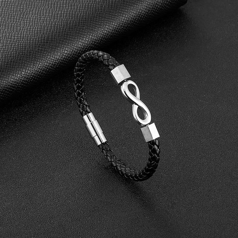 Fortune Jewel Endless Knot Titanium Steel Infinity Leather Weave Balance Bracelet