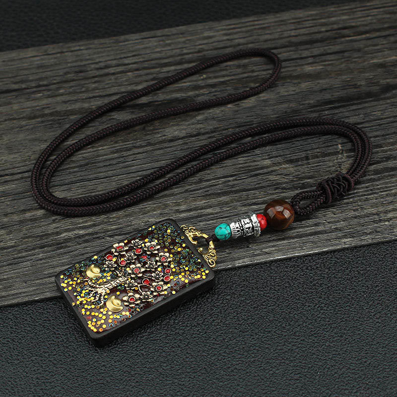 Fortune Jewel Tibet God Of Wealth Money Tree Golden Phoenix Thangka Ebony Peace Necklace Pendant