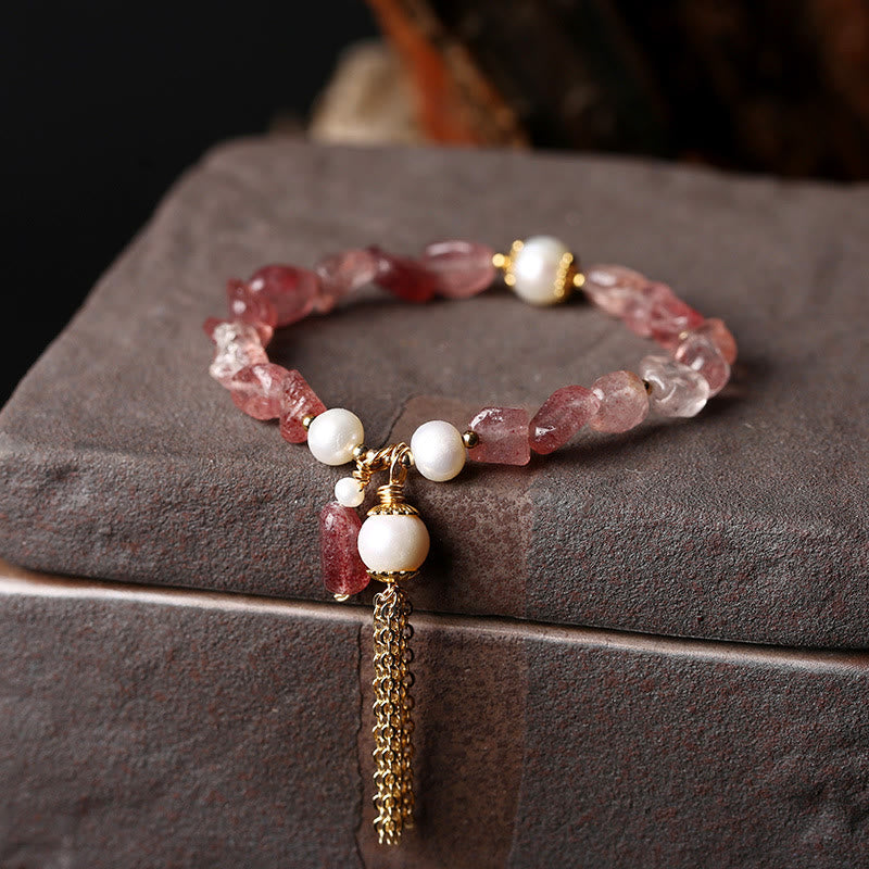 Fortune Jewel Natural Strawberry Quartz Pearl 14k Gold Plated Love Healing Bracelet