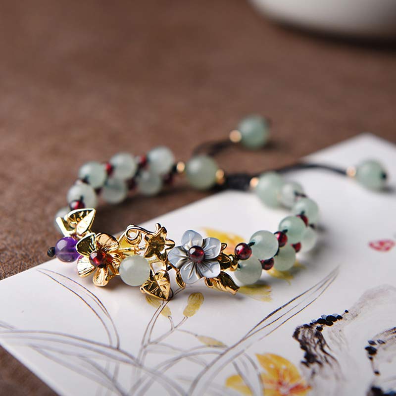 Fortune Jewel Green Aventurine Garnet Bead Flower Petal Luck Bracelet