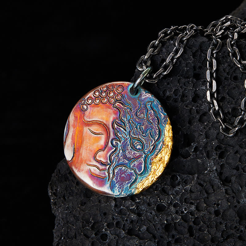 Fortune Jewel 999 Sterling Silver 24K Gold Half Demon Half Buddha Compassion Necklace Pendant Fortune Jewel