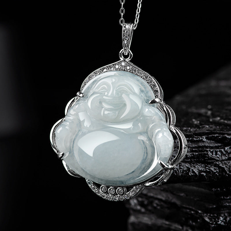 Fortune Jewel Laughing Buddha Natural Jade Abundance Titanium Steel Chain Necklace Pendant Fortune Jewel