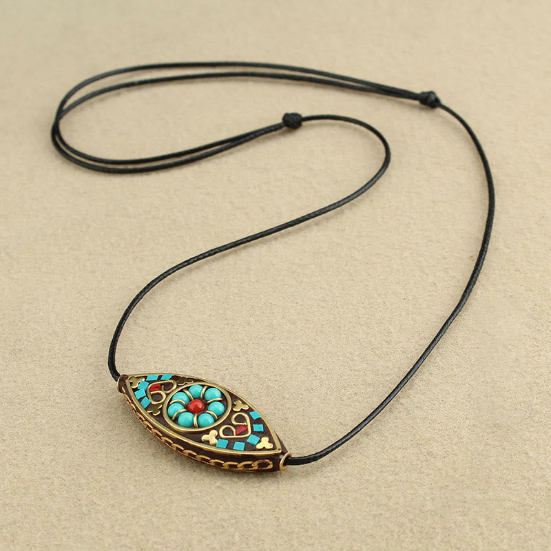 Fortune Jewel Tibet Turquoise Bead Marquise Pattern Protection Strength Necklace Pendant