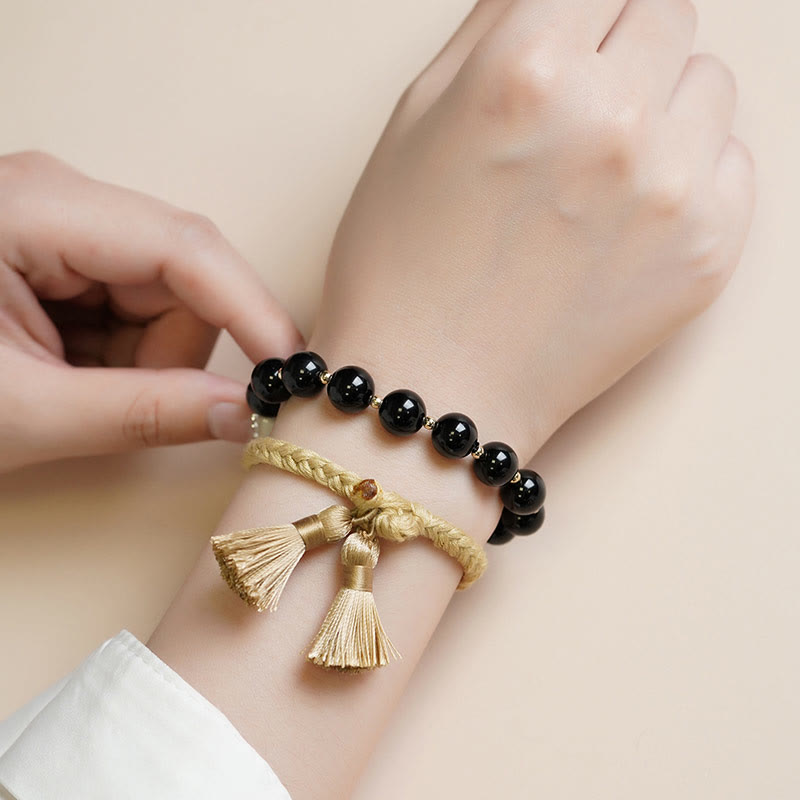 Fortune Jewel 2Pcs Black Onyx Bead Support Protection String Bracelet