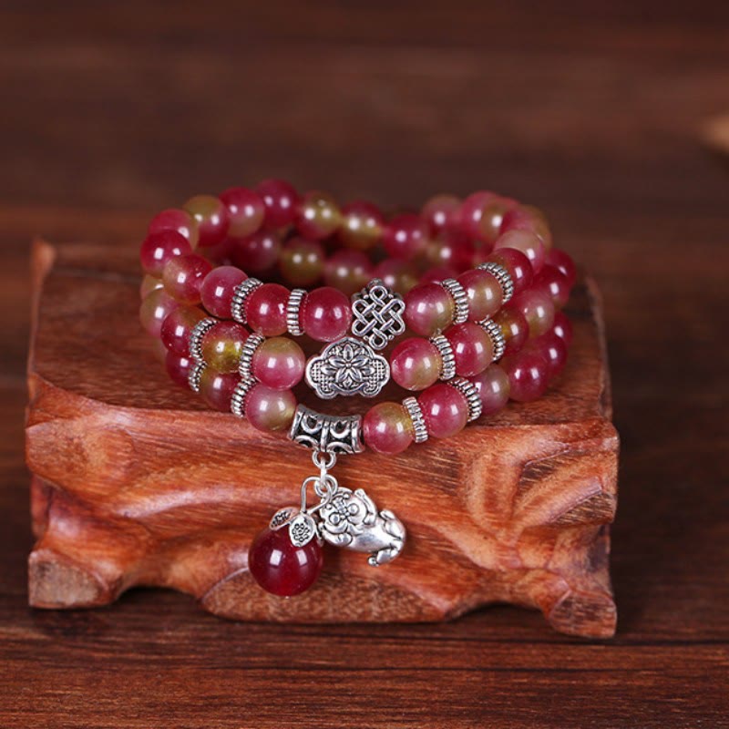 Fortune Jewel Natural Watermelon Tourmaline PiXiu Elephant Positive Triple Wrap Bracelet