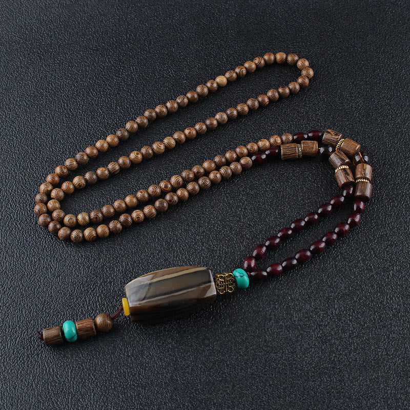 Fortune Jewel Tibetan Wenge Wood Bodhi Seed Agate Balance Peace Necklace Pendant