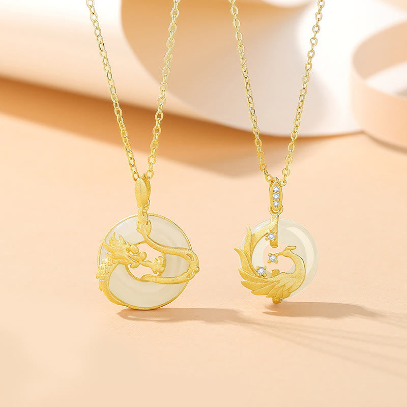 Fortune Jewel 925 Sterling Silver Year of the Dragon Hetian Jade Golden Dragon Phoenix Peace Buckle Luck Necklace Pendant