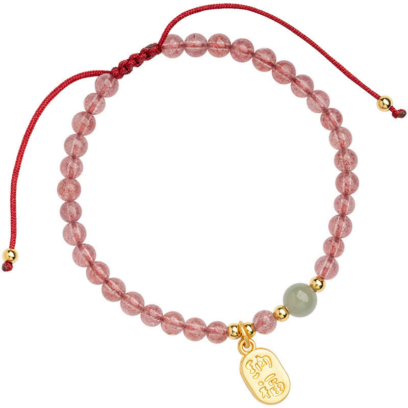 Fortune Jewel Natural Strawberry Quartz Garnet Jade Lucky Fortune Fu Character Healing Charm Bracelet