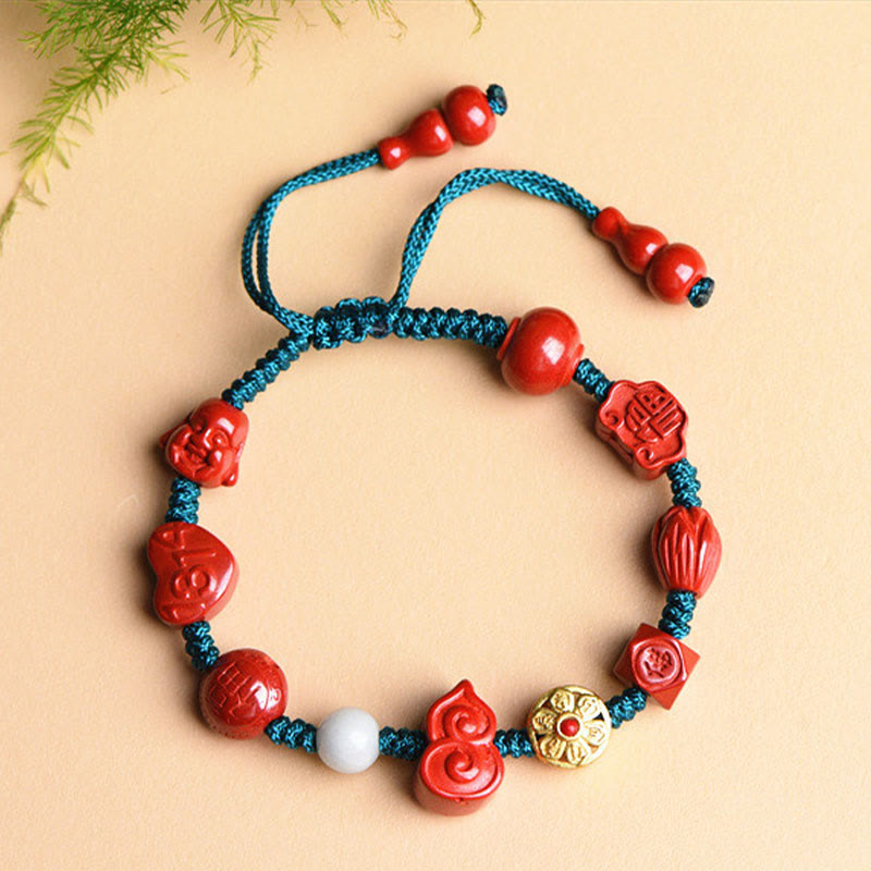 Fortune Jewel Natural Cinnabar Gourd Om Mani Padme Hum Laughing Buddha Blessing String Bracelet
