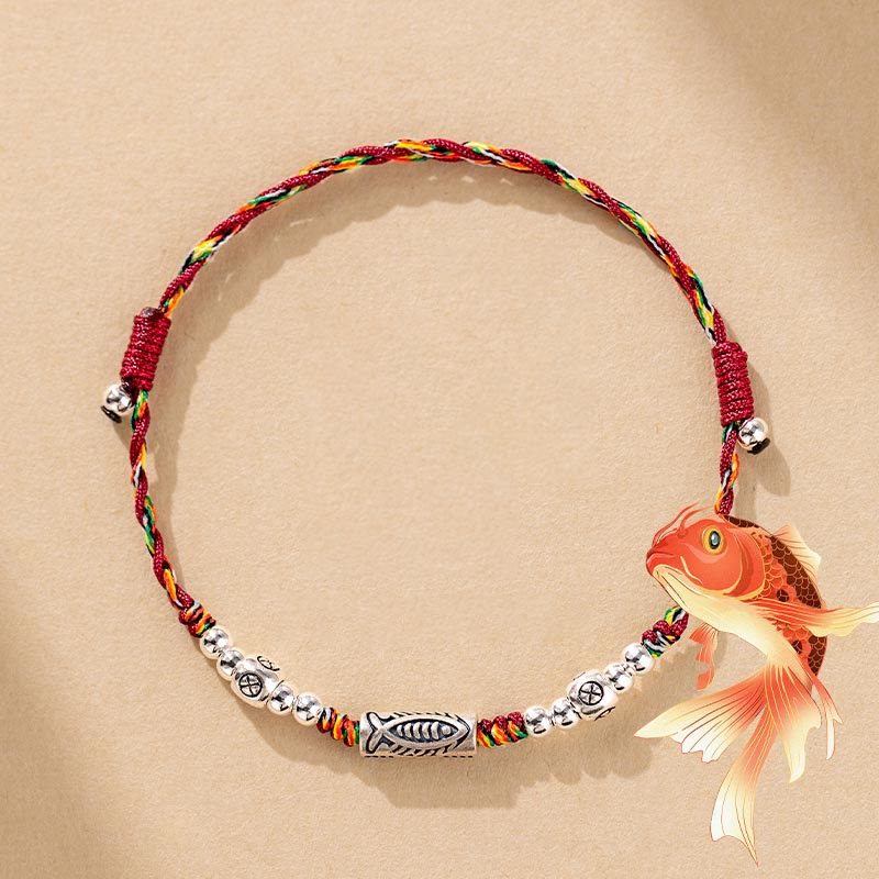 Fortune Jewel 925 Sterling Silver Luck Koi Fish Braided Colorful String Bracelet Anklet