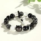 Fortune Jewel Natural Silver Sheen Obsidian Cat Head Fox Planet Protection Bracelet