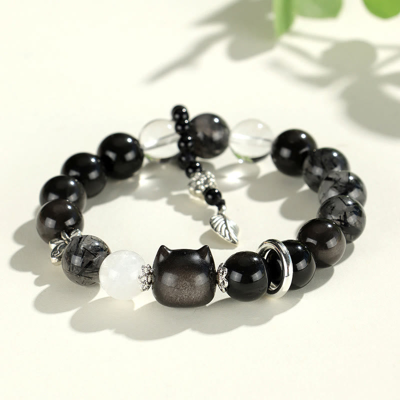 Fortune Jewel Natural Silver Sheen Obsidian Cat Head Fox Planet Protection Bracelet