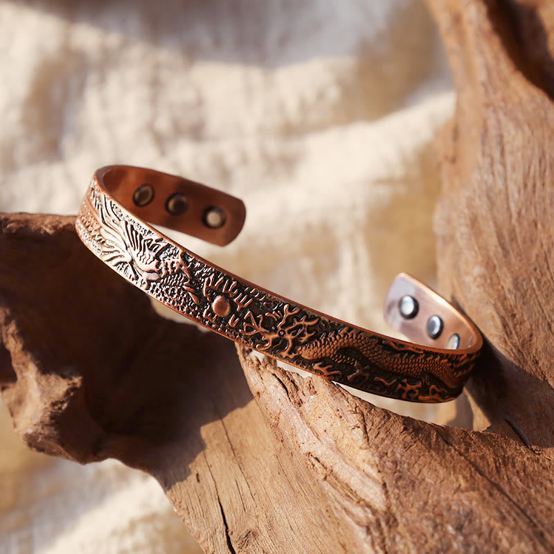 Fortune Jewel Dragon Phoenix Magnetic Solid Copper Cuff Bracelet Bangle