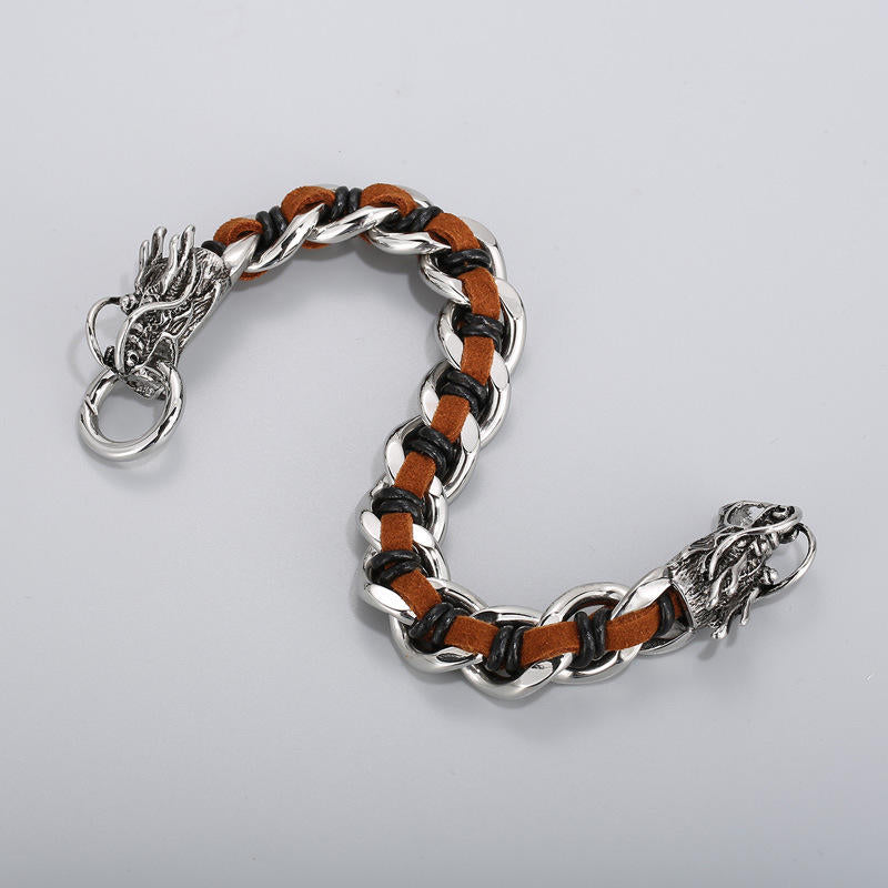 Fortune Jewel Dragon Leather Titanium Steel Protection Luck Braided Bracelet Fortune Jewel