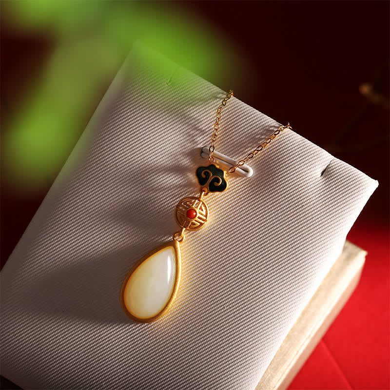 Fortune Jewel 925 Sterling Silver Hetian White Jade Water Drop Chain Necklace Pendant Bracelet