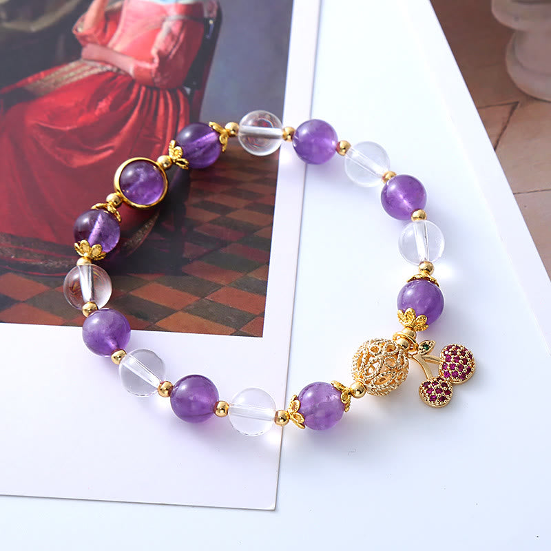 Fortune Jewel Natural Amethyst White Crystal Positive Cherry Charm Bracelet