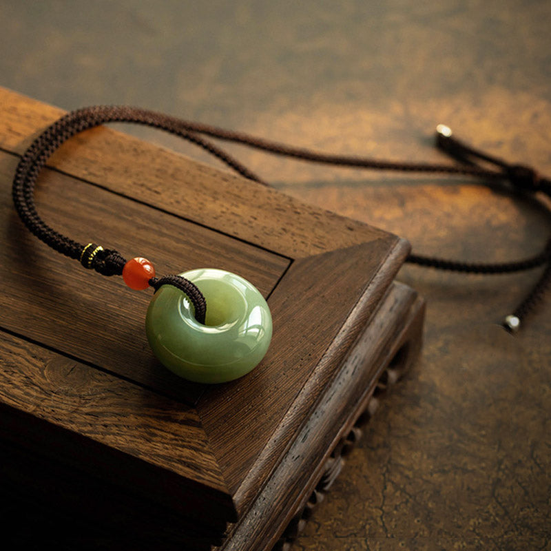 Fortune Jewel Natural Round Jade Gray Jade Peace Buckle Luck Necklace Pendant