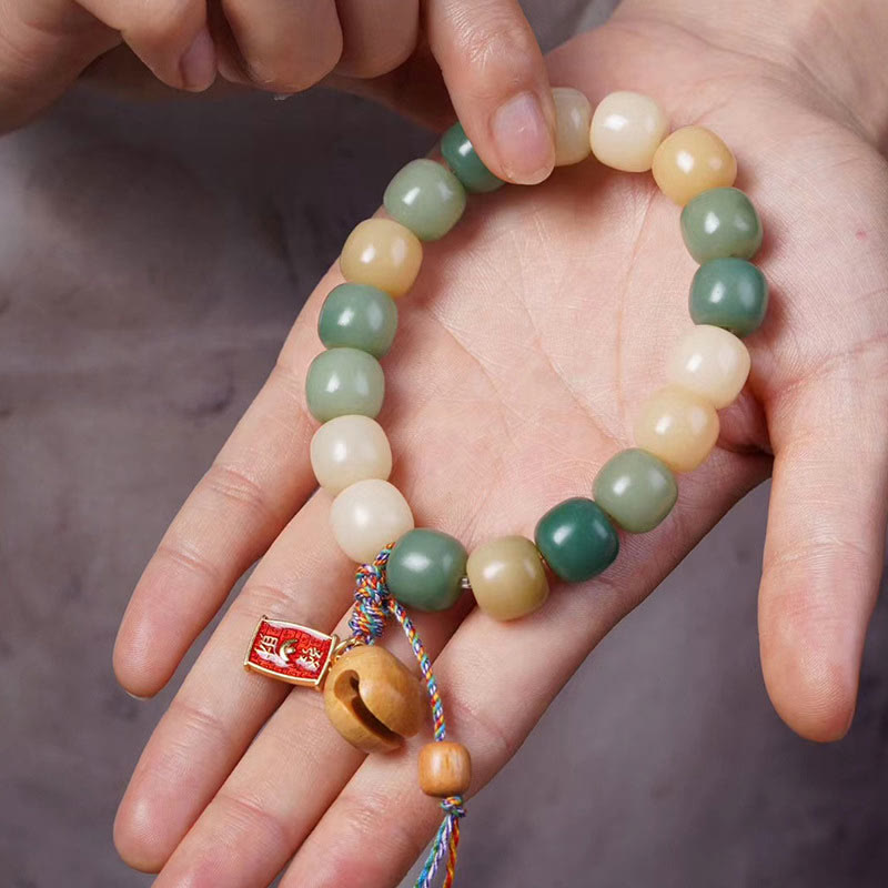 Fortune Jewel Natural Gradient Bodhi Seed Wisdom Wooden Fish Drum Charm Bracelet