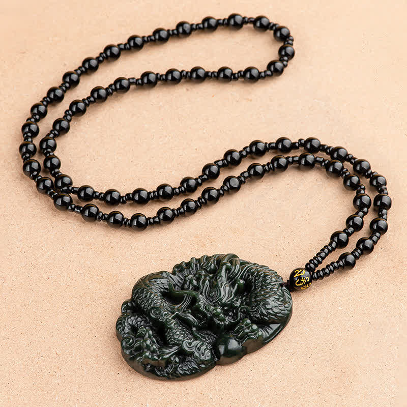 Fortune Jewel Hetian Cyan Jade Dragon Success Harmony Necklace Beaded String Pendant Fortune Jewel