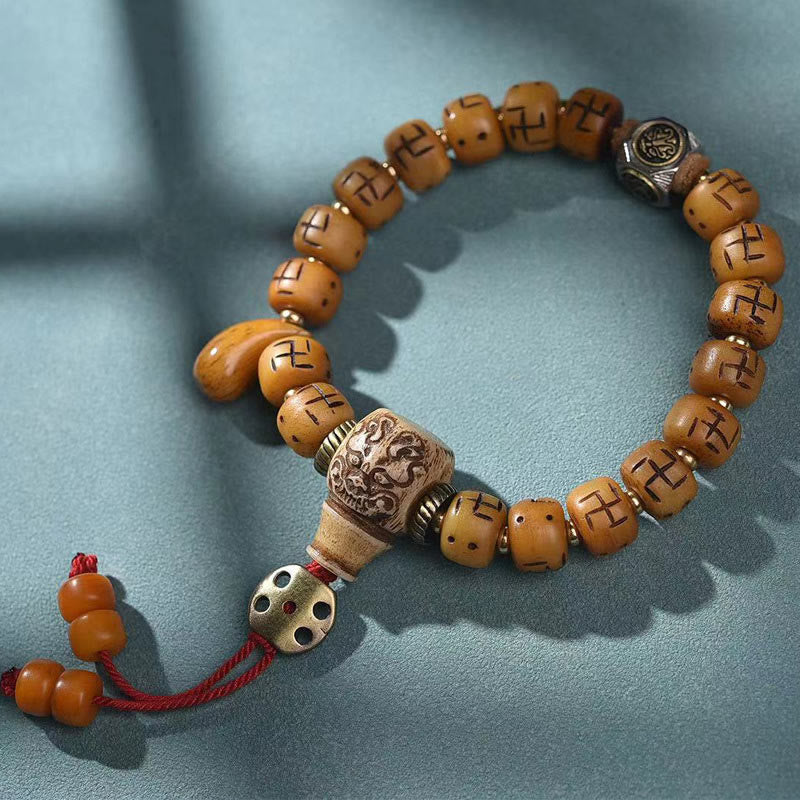 Fortune Jewel Natural Tibetan Camel Bone Swastika Dzi Bead Shankha Buddha Charm Kirtimukha Luck Protection Tassel Bracelet