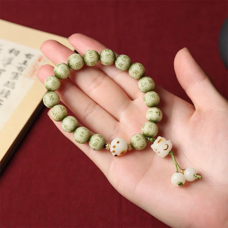 Fortune Jewel Green Bodhi Seed Cat Paw Om Mani Padme Hum Engraved Wisdom Bracelet
