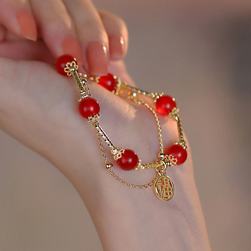 Fortune Jewel Red Agate Fu Character Charm Self-acceptance Bracelet
