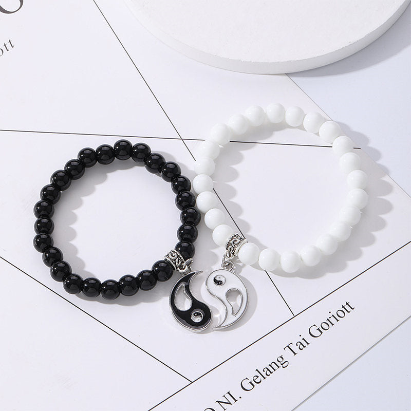 Fortune Jewel 2Pcs Black Onyx White Turquoise Bead Yin Yang Protection Couple Bracelet