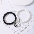 Fortune Jewel 2Pcs Black Onyx White Turquoise Bead Yin Yang Protection Couple Bracelet