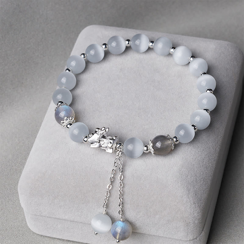 Fortune Jewel Natural Cat's Eye Moonstone Strawberry Quartz PiXiu Support Bracelet