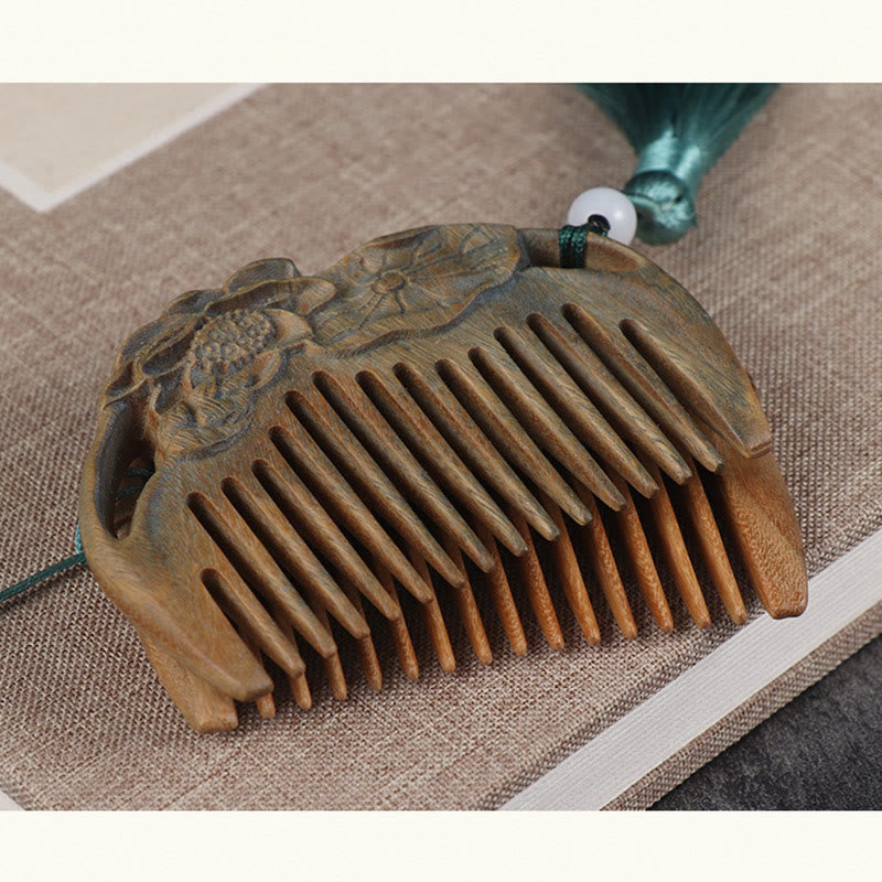 Fortune Jewel Green Sandalwood Fox Peony Flower Lotus Engraved Cure Tassel Comb Fortune Jewel