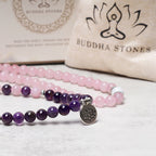 Buddha Stones Natural Rose Quartz & Amethyst Mala Bead Lotus Pendant Bracelet