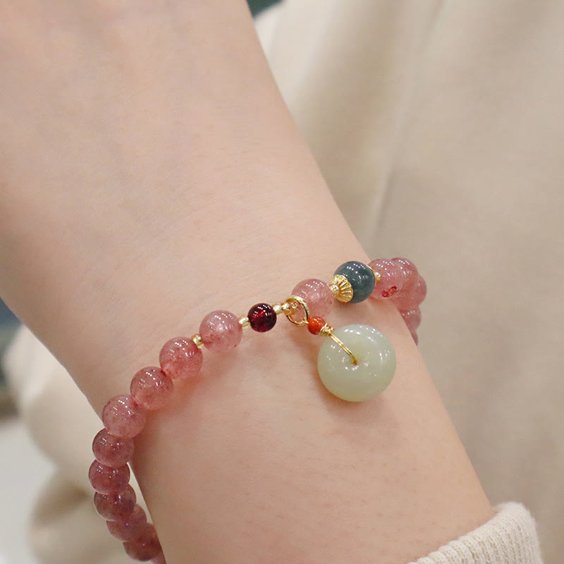 Fortune Jewel Natural Strawberry Quartz Jade Peace Buckle Coin Purse Healing Bracelet