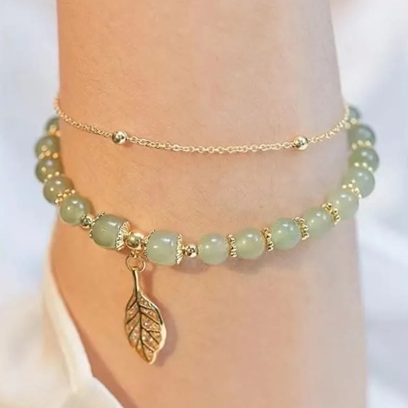 Fortune Jewel Jade Leaf Ginkgo Tulip Peanut Fu Character Luck Beaded Bracelet