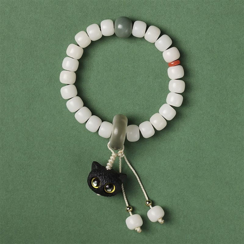 Fortune Jewel Natural Bodhi Seed African Blackwood Lovely Cat Charm Peace Harmony Bracelet