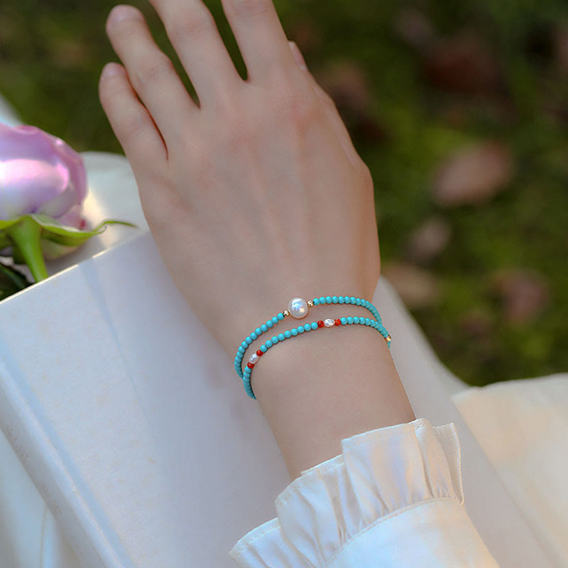 Fortune Jewel Turquoise Red Agate Pearl Small Beaded Protection Bracelet