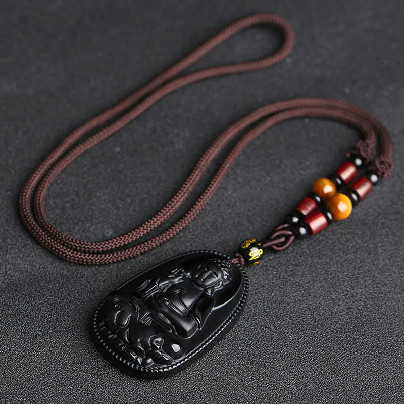Fortune Jewel Chinese Zodiac Natal Buddha Natural Black Obsidian Purification Necklace Pendant