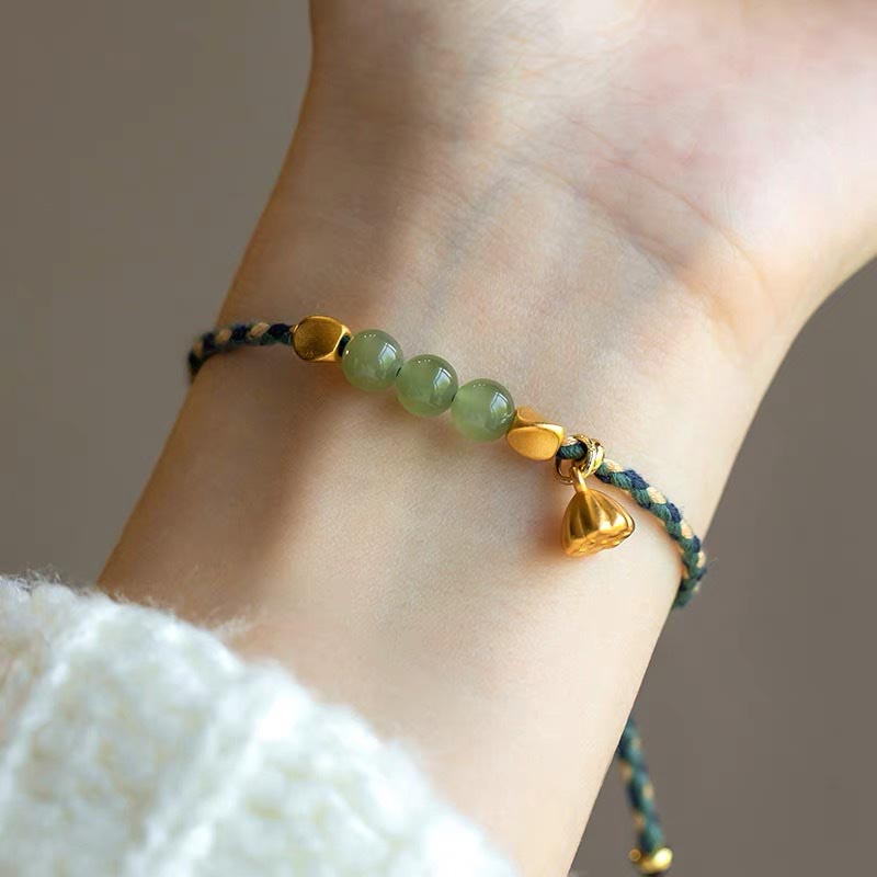 Fortune Jewel Handcrafted Hetian Jade Lotus Charm Luck Braided Bracelet