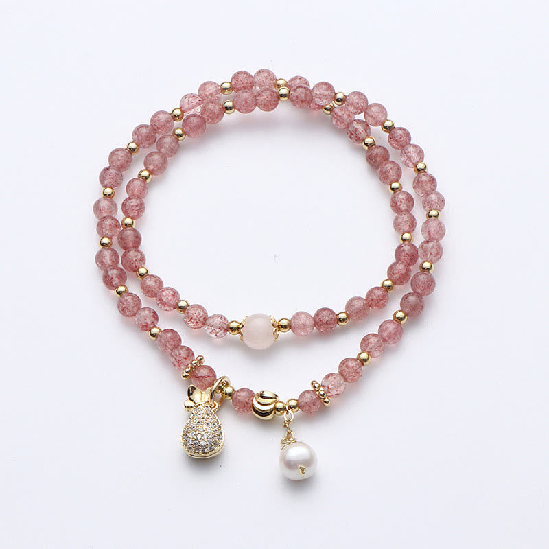 Fortune Jewel Strawberry Quartz Money Bag Positive Charm Double Wrap Bracelet