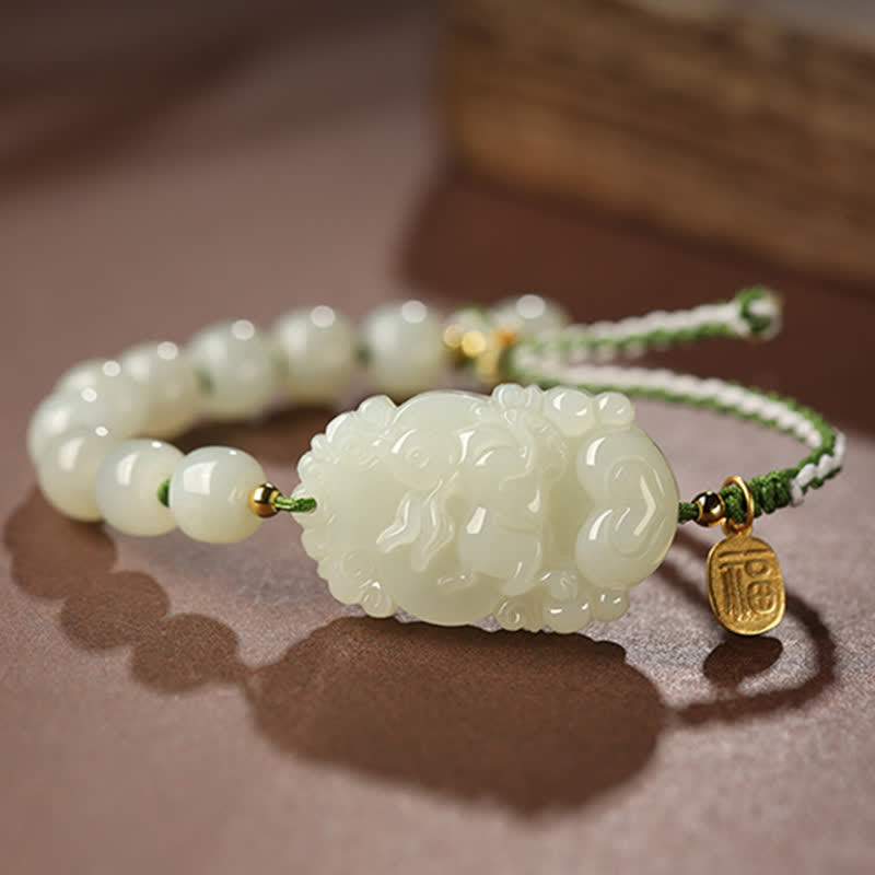 Fortune Jewel 925 Sterling Silver Chinese Zodiac Hetian Jade Happiness Luck String Bracelet