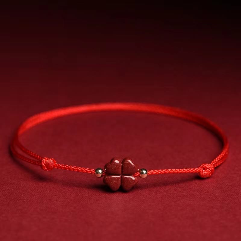 Fortune Jewel Natural Cinnabar Four Leaf Clover Blessing Red String Bracelet Anklet