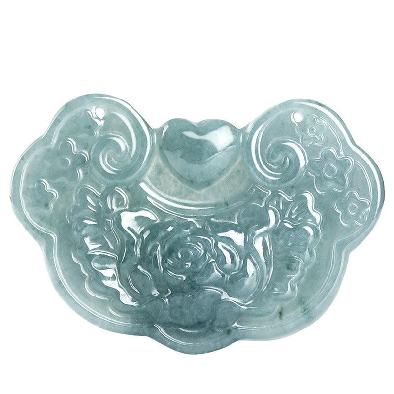 Fortune Jewel Natural Jade Peony Flower Lock of Good Wishes Prosperity Necklace Pendant