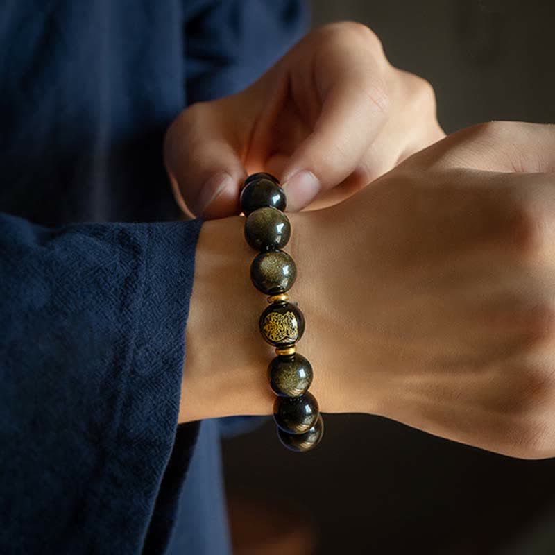 Fortune Jewel Chinese Zodiac Natal Buddha Gold Sheen Obsidian Wealth Protection Bracelet