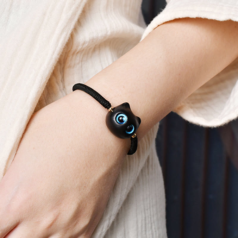 Fortune Jewel Ebony Wood Cat Head Pattern Peace King Kong Knot Braided Bracelet